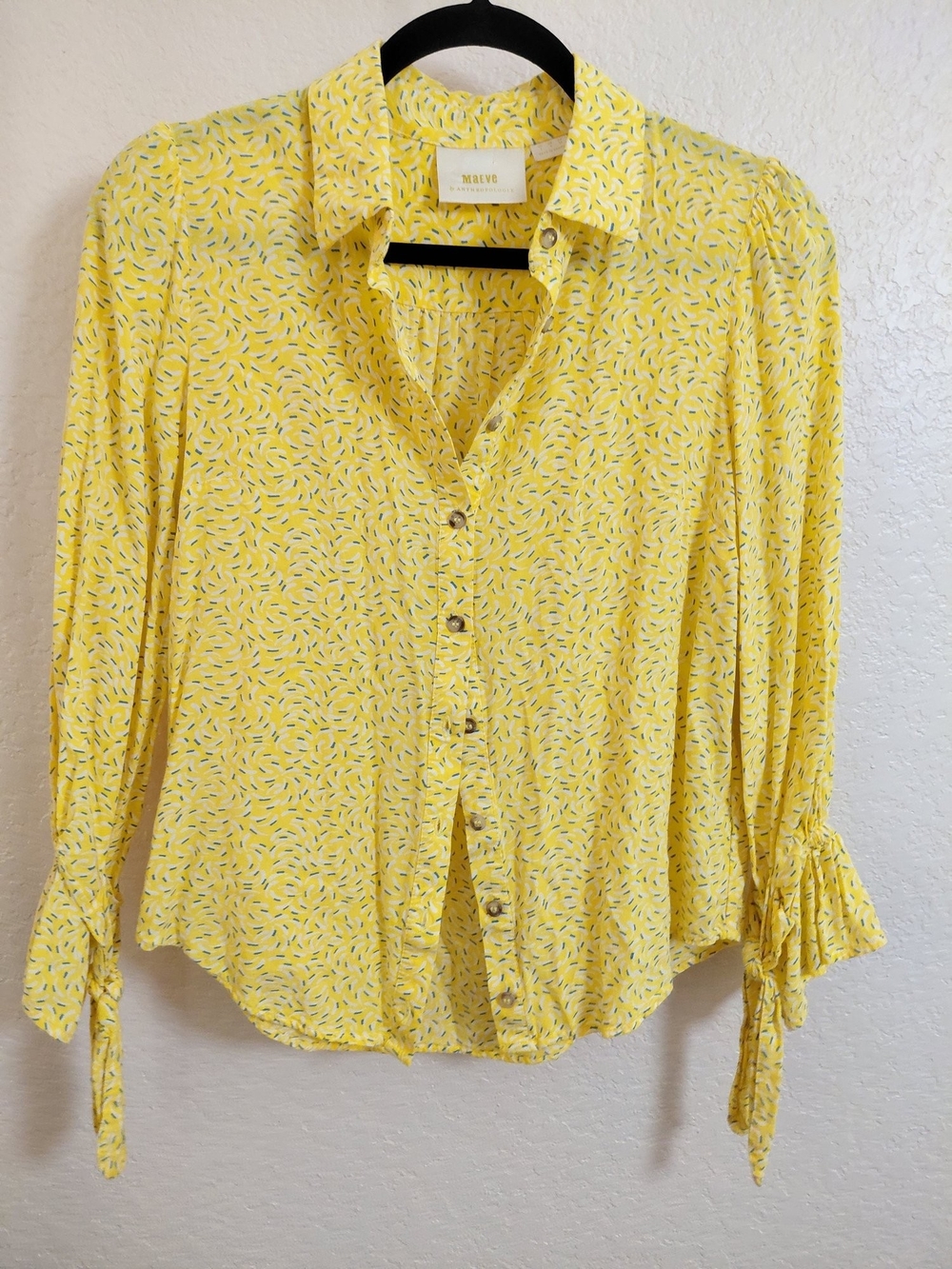 Anthropologie Yellow Printed Button-Down Tie-Sleeve Blouse Size 2